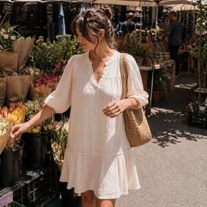 Self Contrast Peach Cotton Gauze Tiered Mini Dress USA Made Womens Small